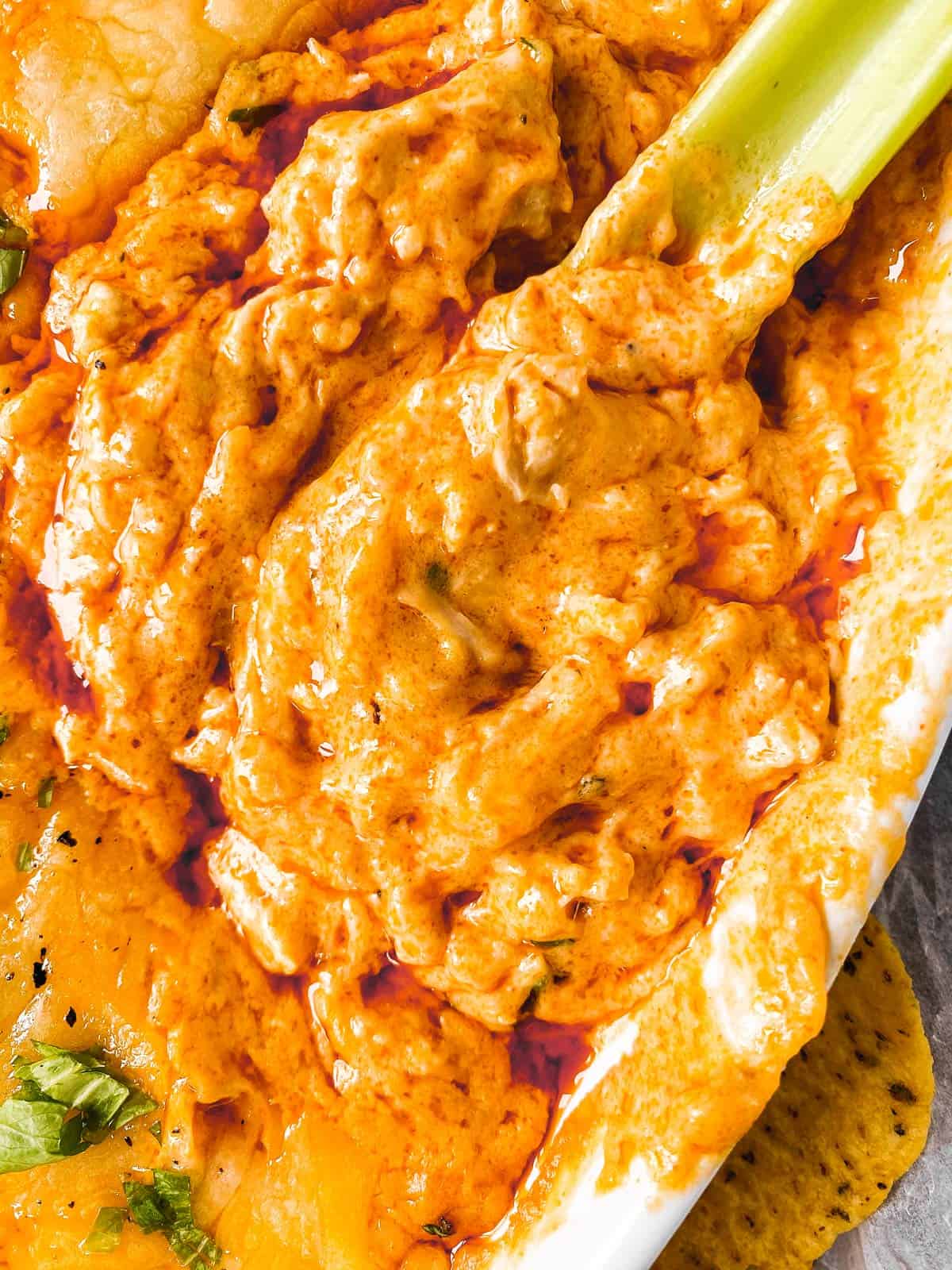 close up photo of buffalo chicken dip