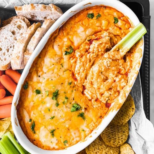 overhead view of baking dish filled with buffalo chicken dip