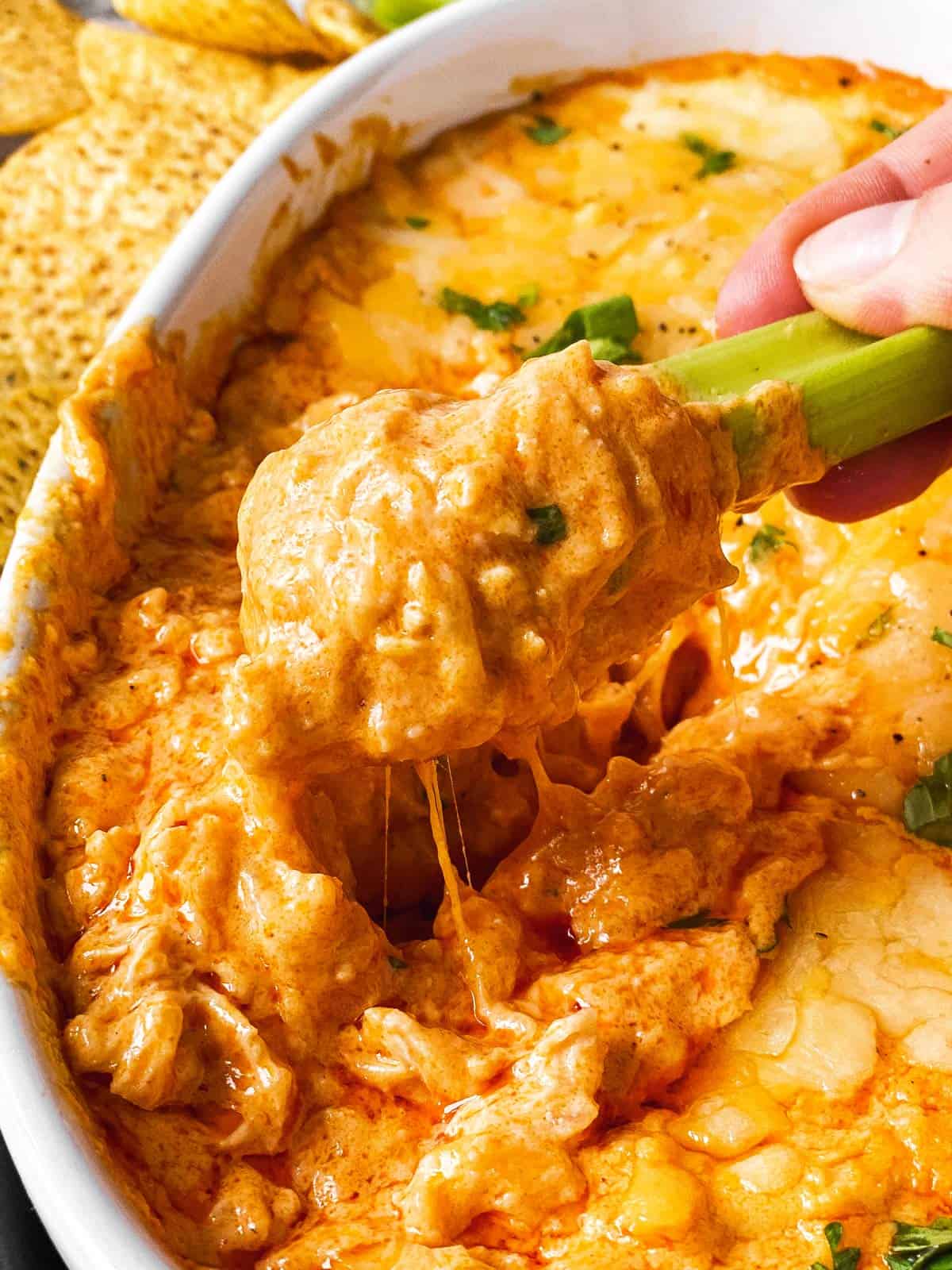 buffalo chicken dip on celery stick