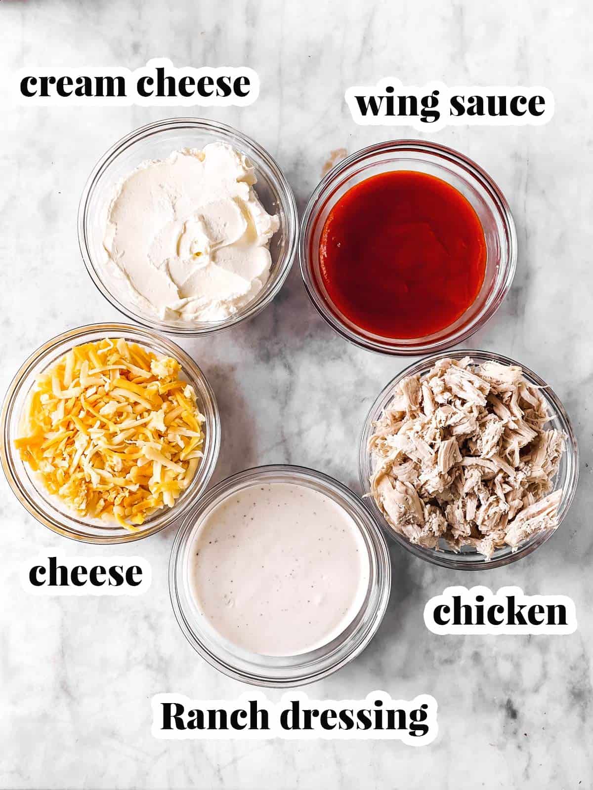 ingredients for buffalo chicken dip with text labels