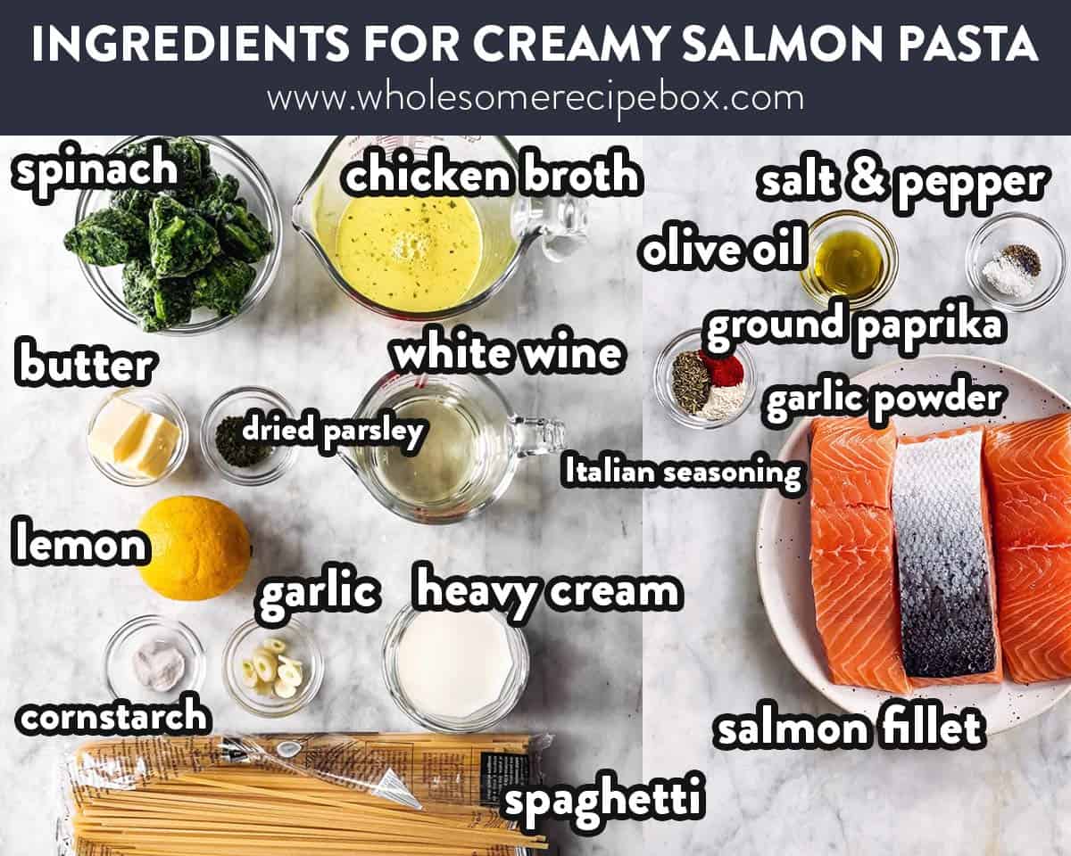 ingredients for creamy salmon pasta with text labels