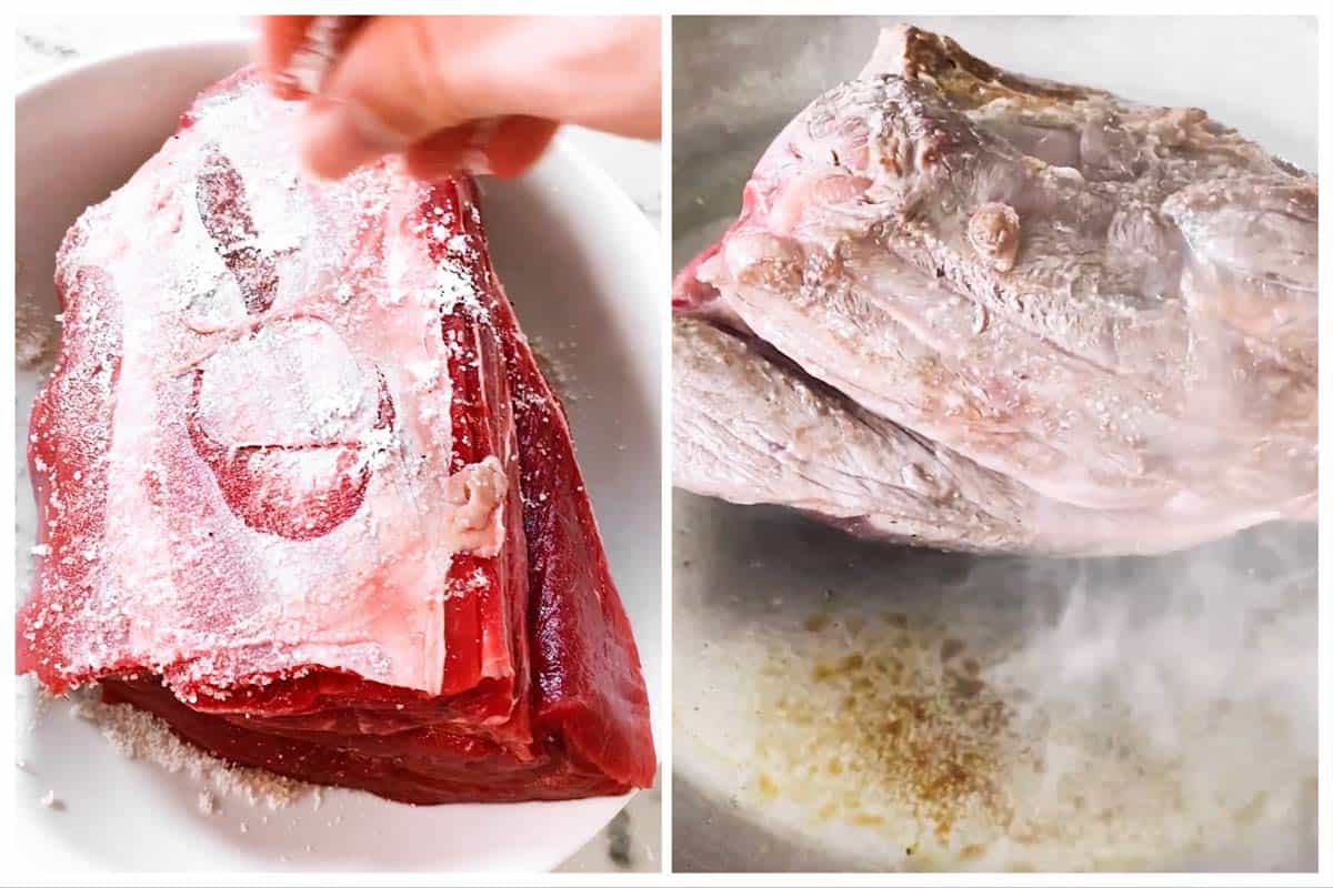 photo collage to show how to season and sear a chuck roast