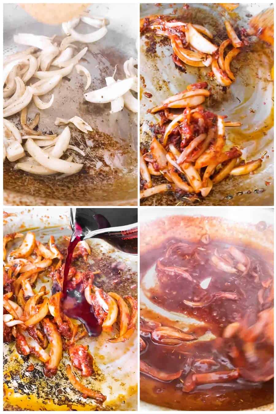 photo collage to show how to sauté onions and deglaze with red wine