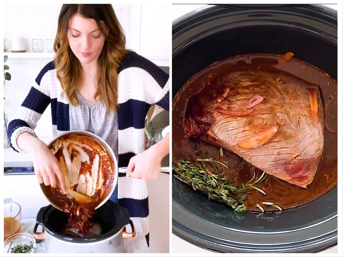 photo collage to show how to prepare a pot roast for slow cooking