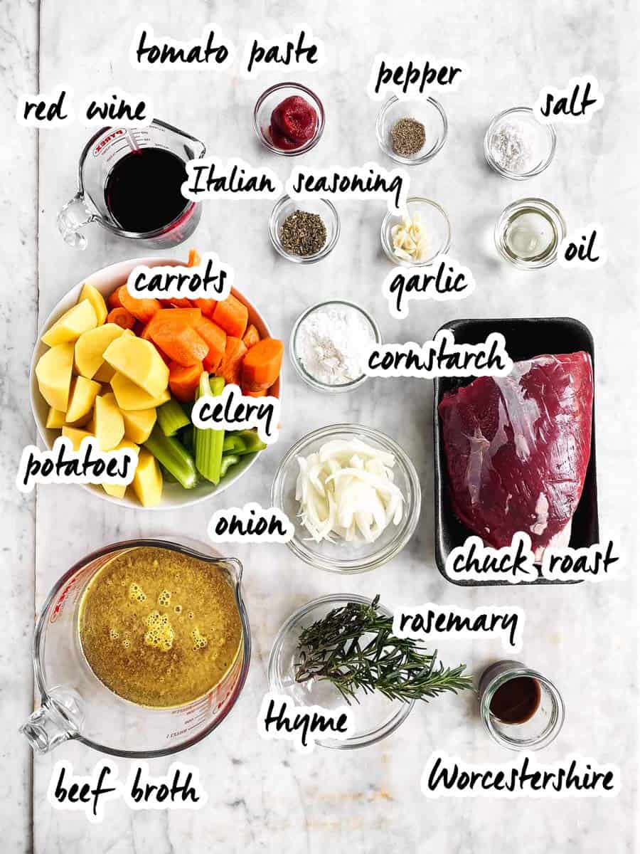 ingredients for crockpot pot roast with text labels