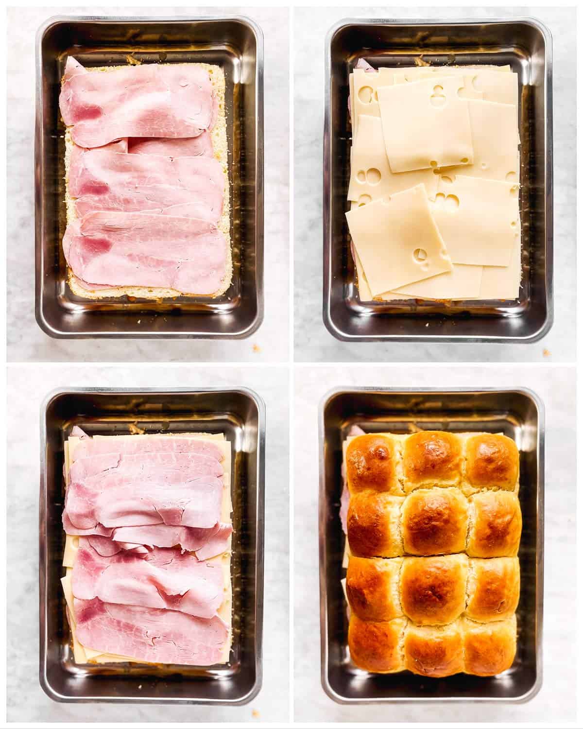 photo collage to show how to layer ham and cheese on dinner rolls