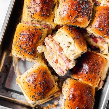 overhead view of tray with hot ham sliders