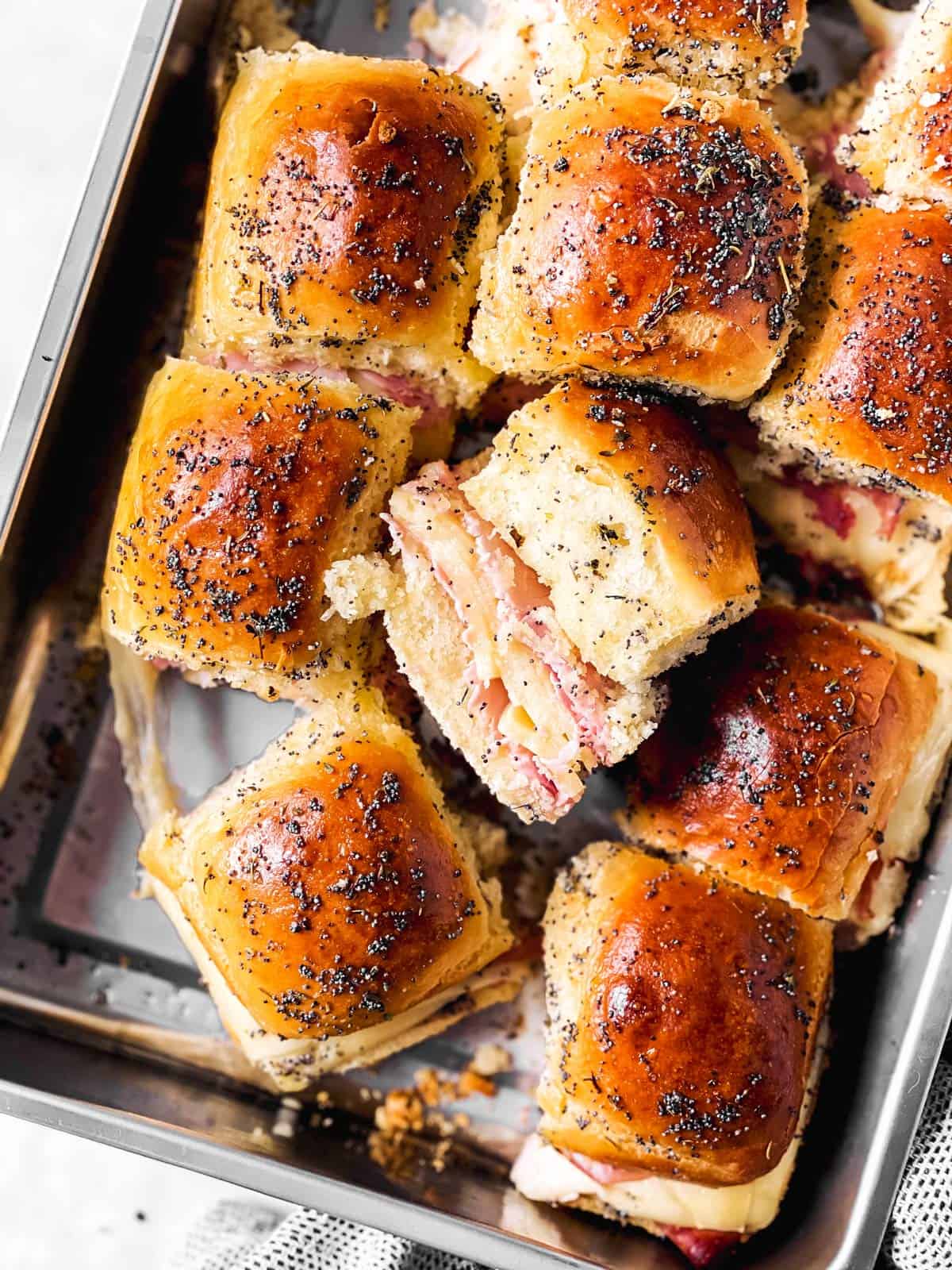 overhead view of tray with hot ham sliders