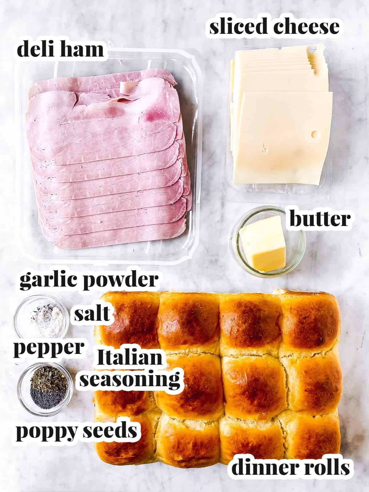 ingredients for hot ham sliders with text labels