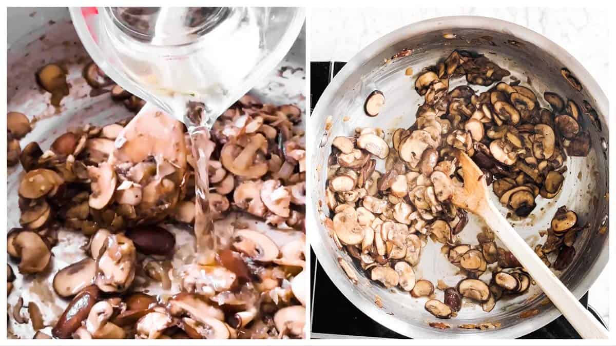 photo collage to show how to deglaze a pan with mushrooms