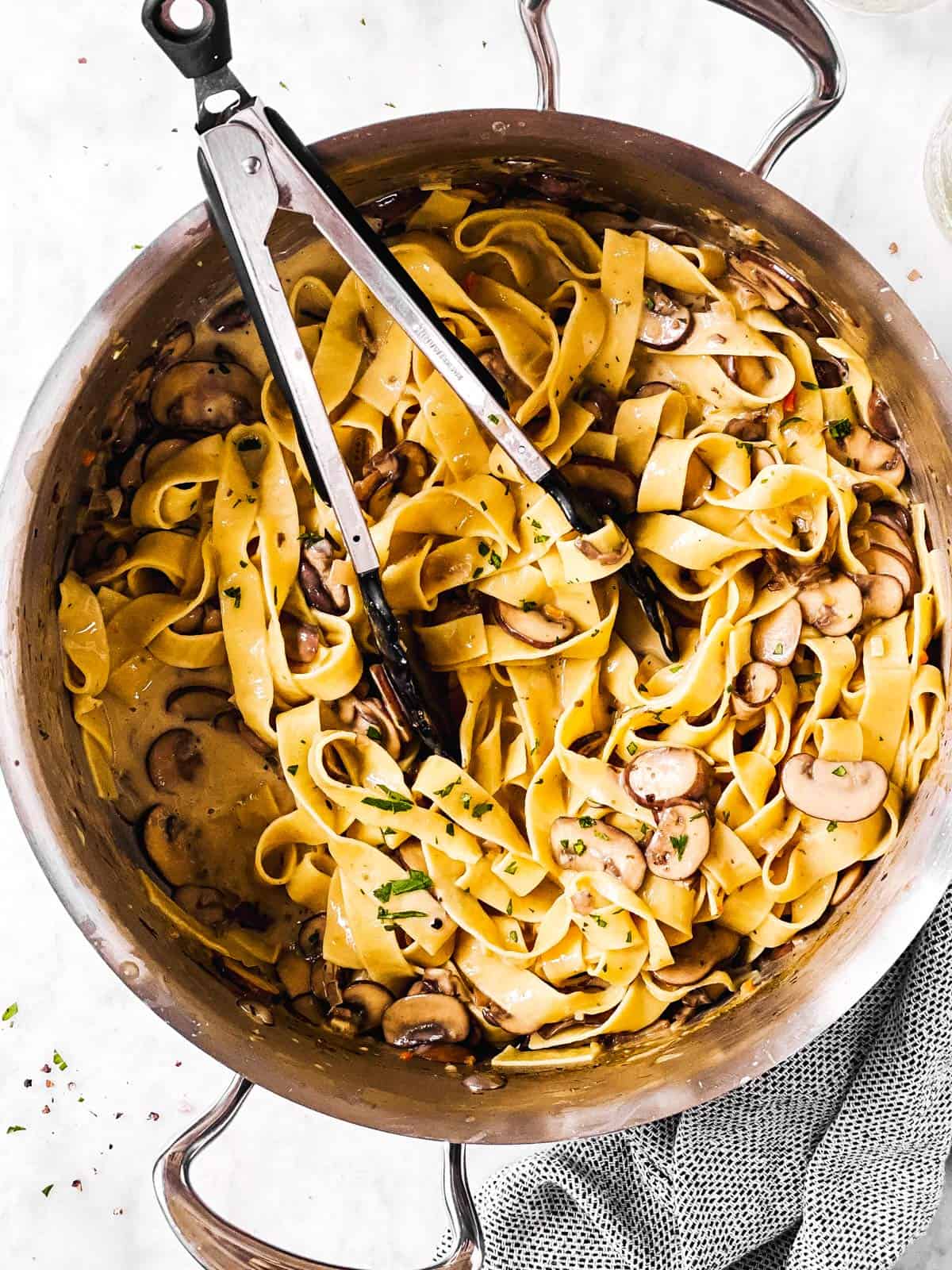 overhead view of skillet with mushroom stroganoff