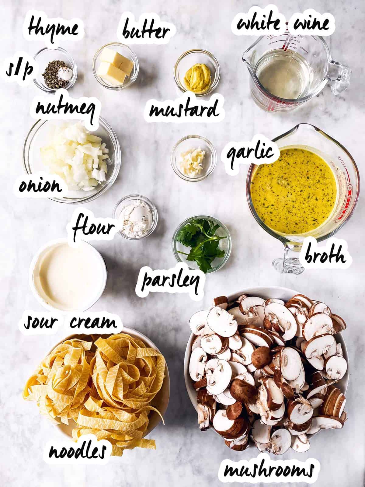 ingredients for vegetarian mushroom stroganoff with text labels