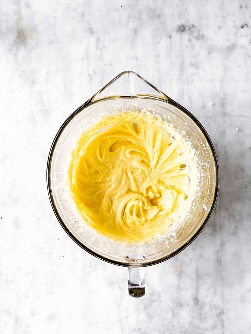 creamed. butter, sugar and eggs in glass bowl