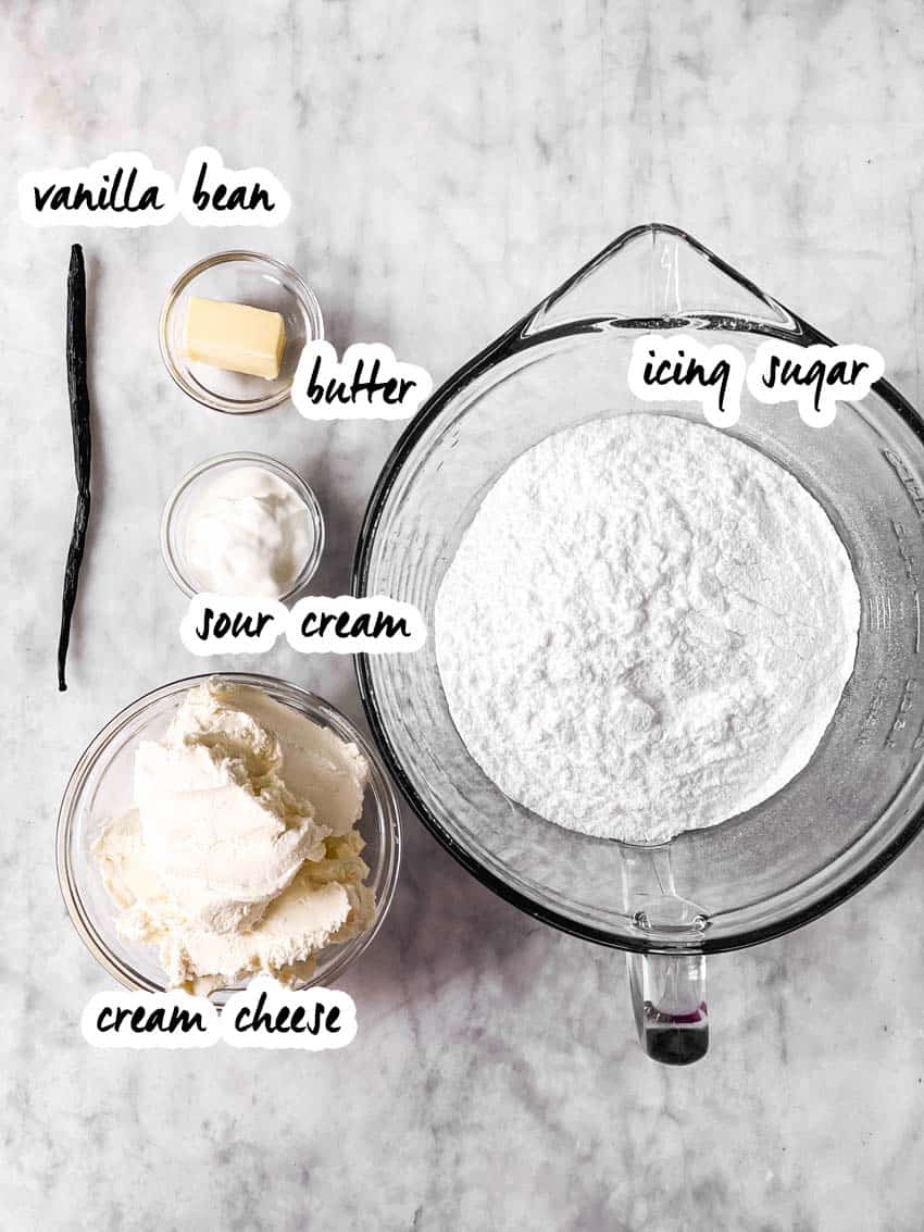 ingredients for cream cheese frosting with text labels