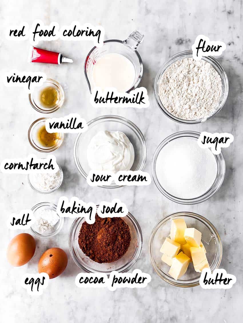 ingredients for red velvet cupcakes with text labels