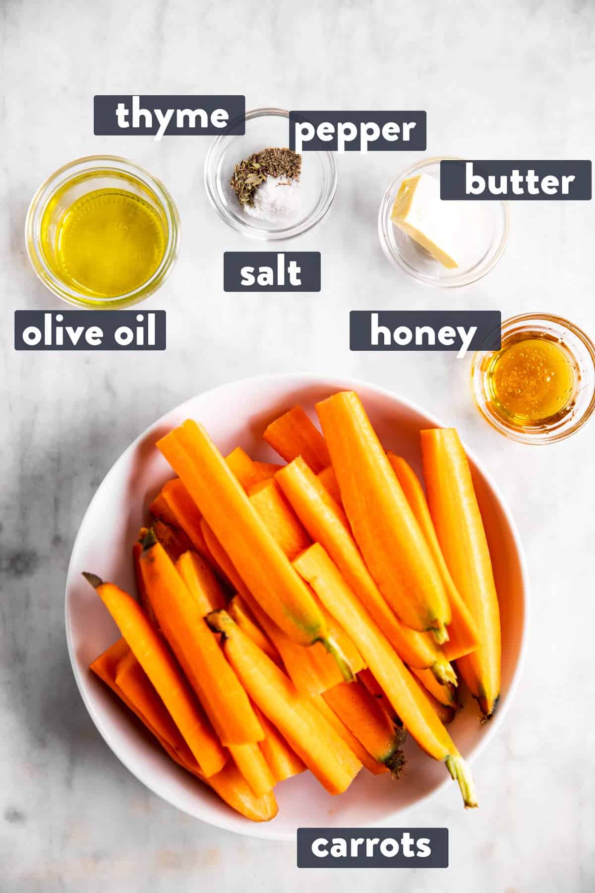 ingredients for air fryer carrots with text labels