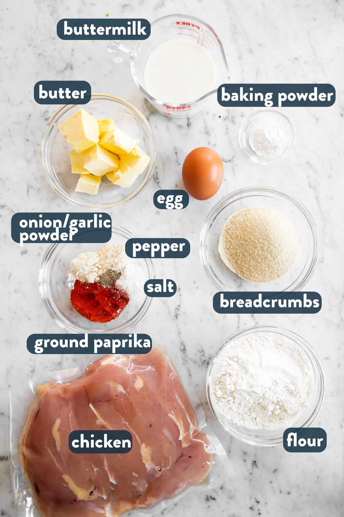 ingredients for air fryer fried chicken with text labels