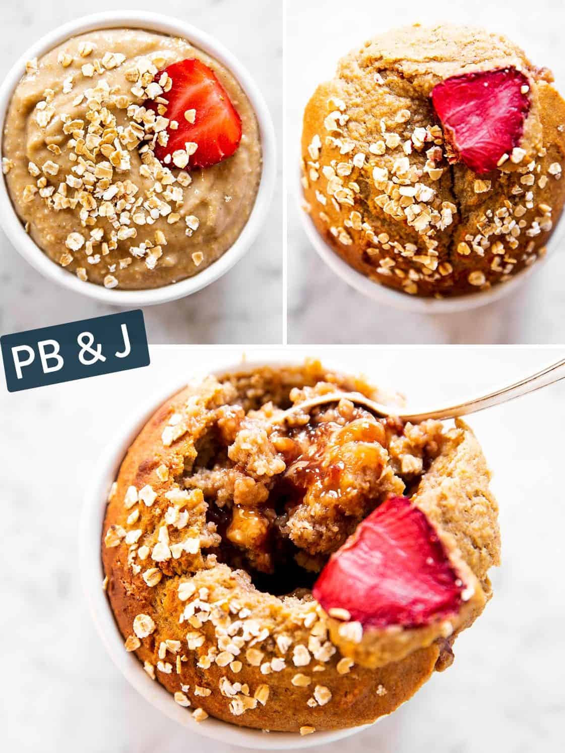 photo collage to show how to make peanut butter and jelly baked oats