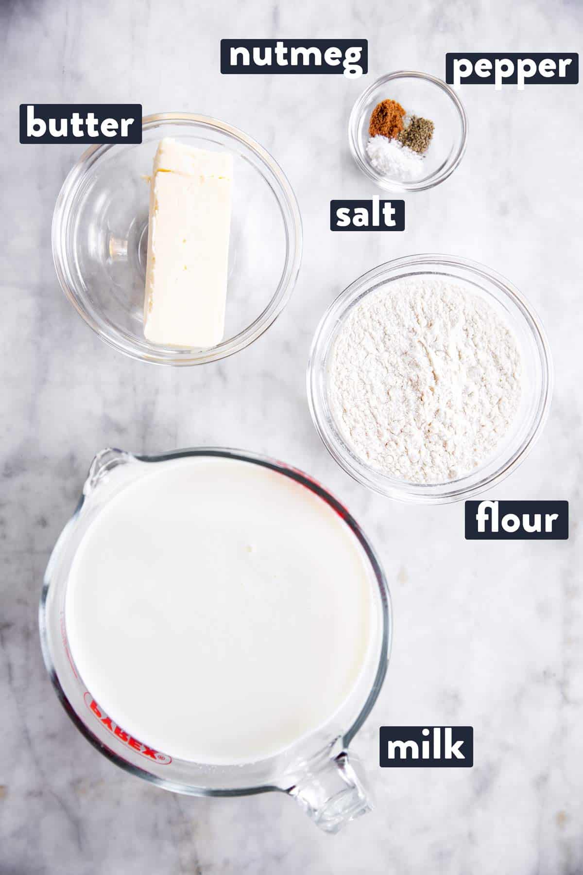 ingredients for bechamel sauce with text labels