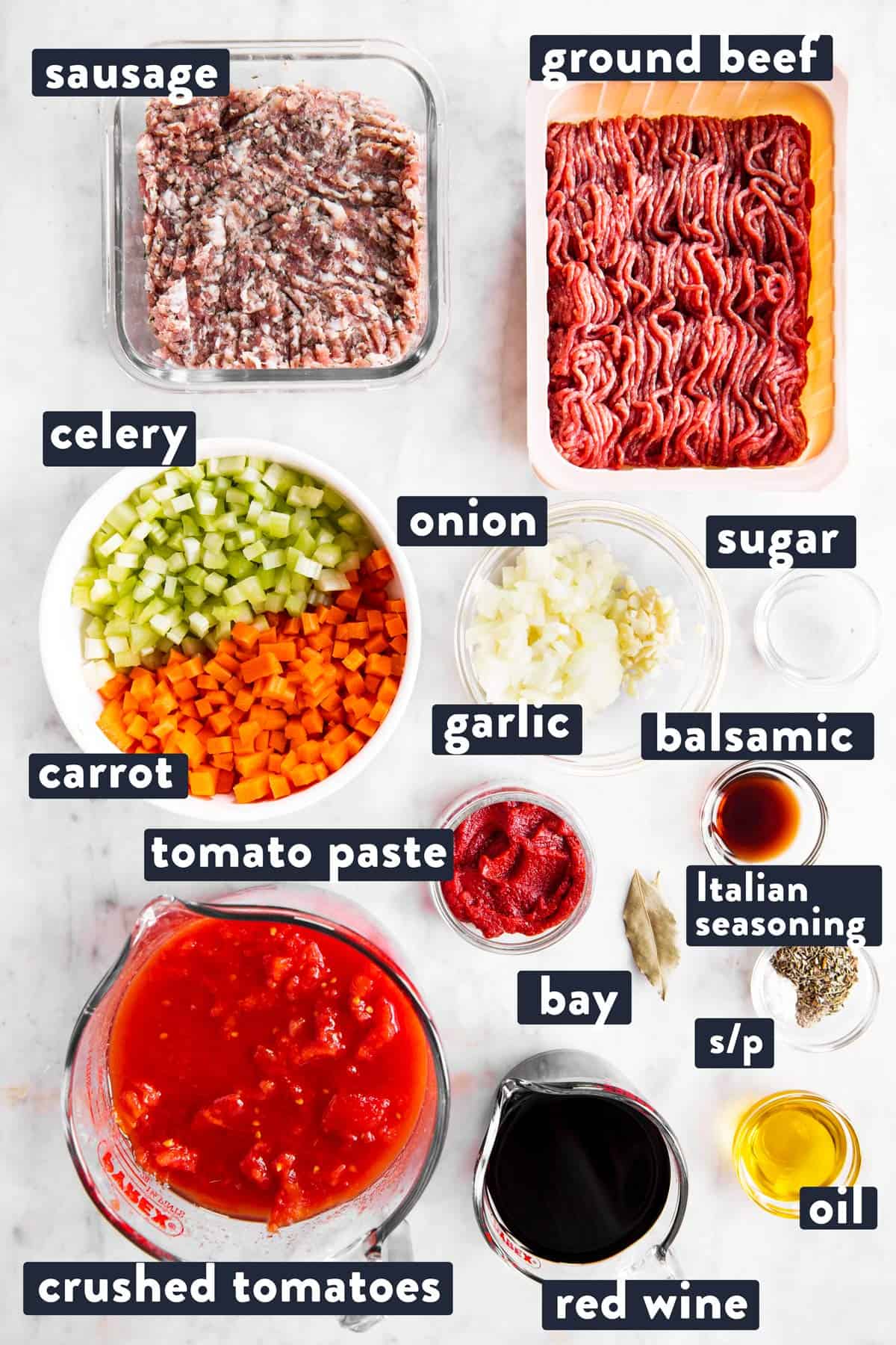 ingredients for bolognese sauce with text labels