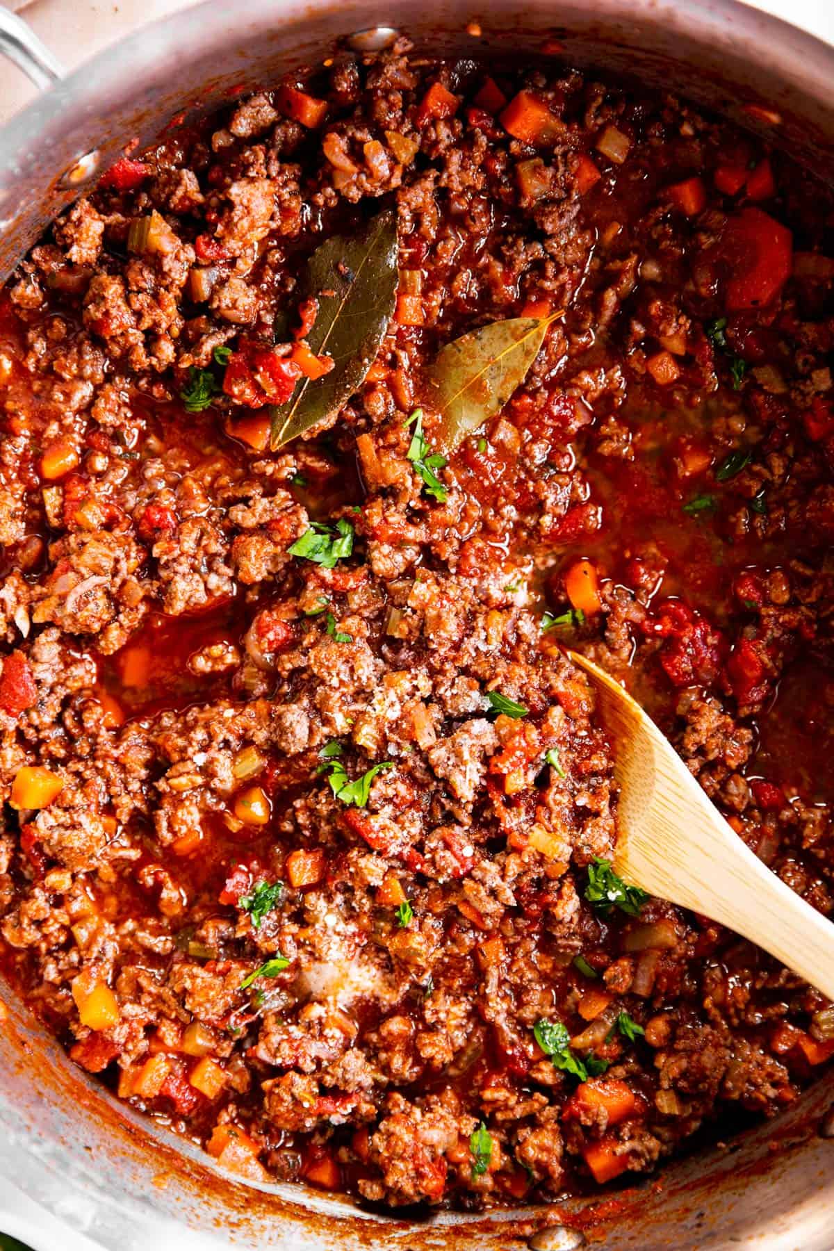 close up photo of bolognese sauce in pan