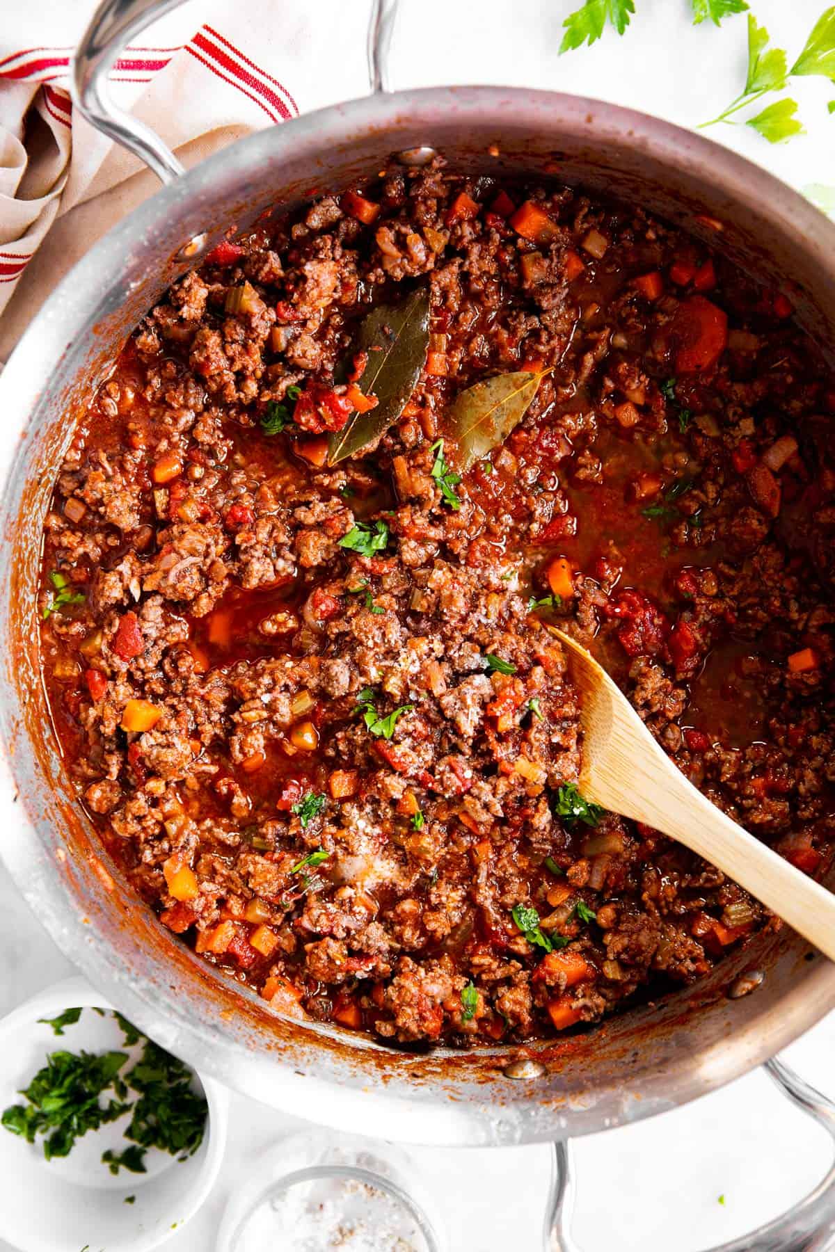 overhead view of Bolognese sauce in pan