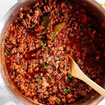 overhead view of Bolognese sauce in pan