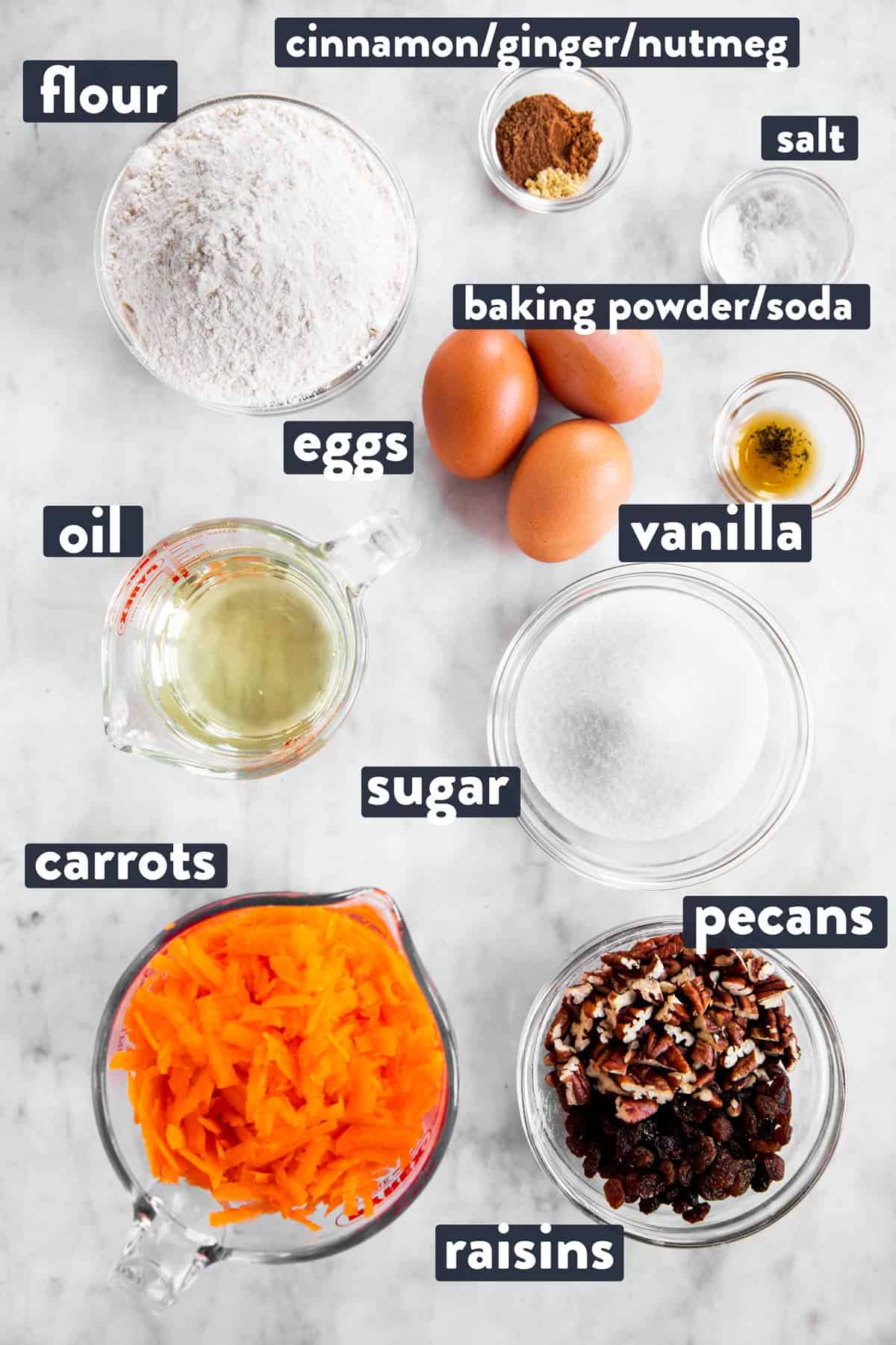 ingredients for carrot muffins with text labels