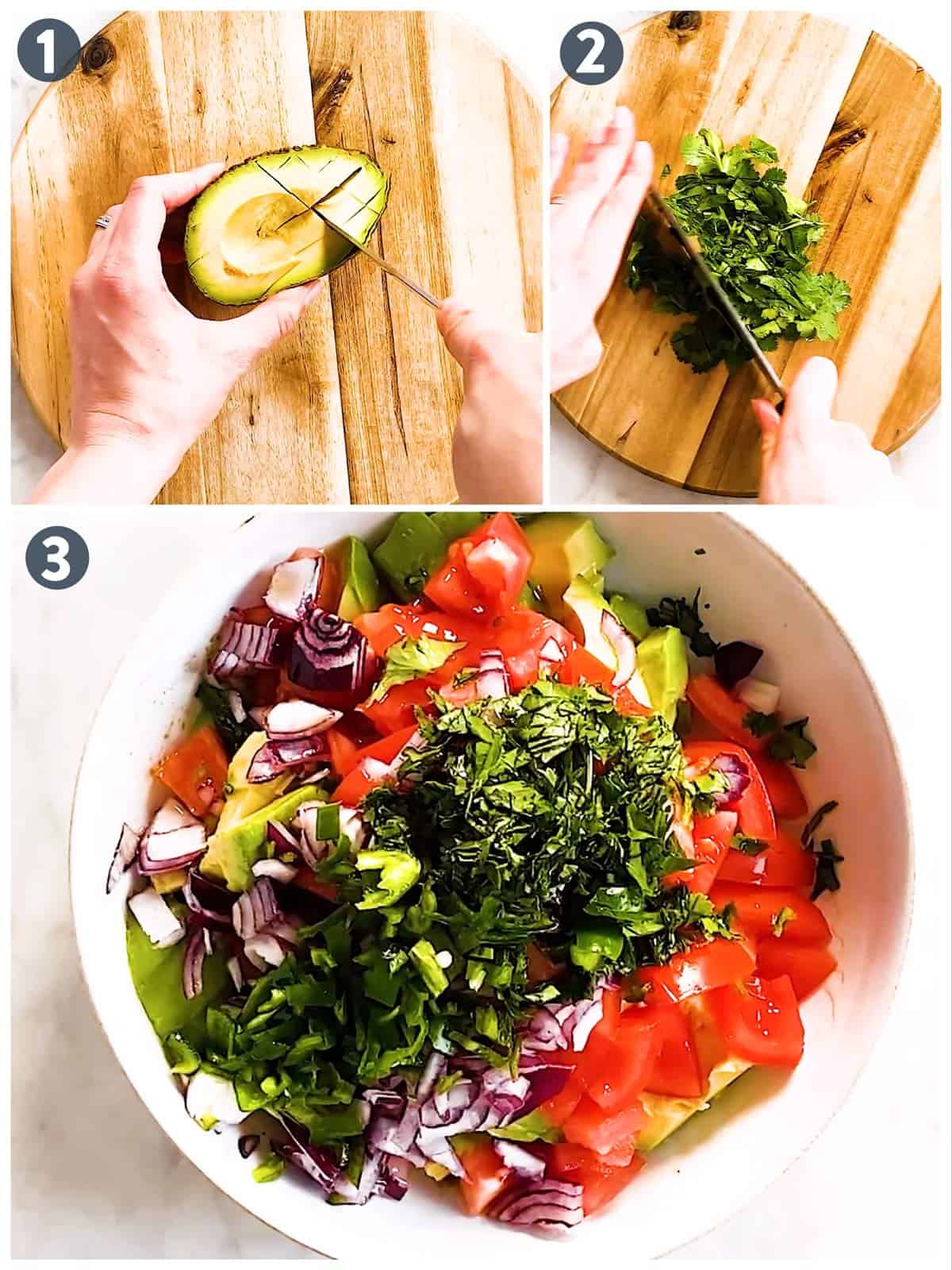 photo collage to show how to slice ingredients for avocado salsa