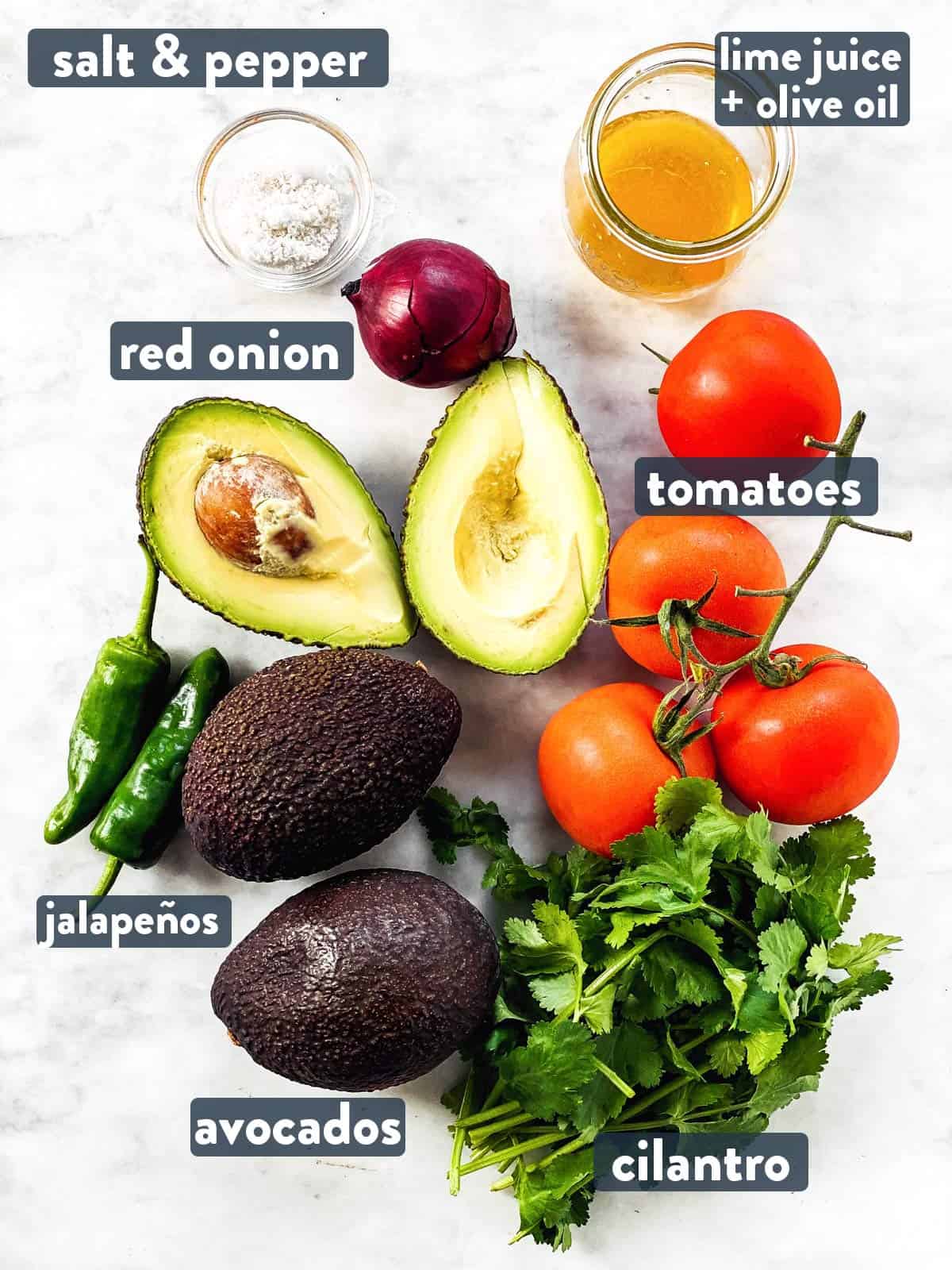 ingredients for chunky avocado salsa with text labels