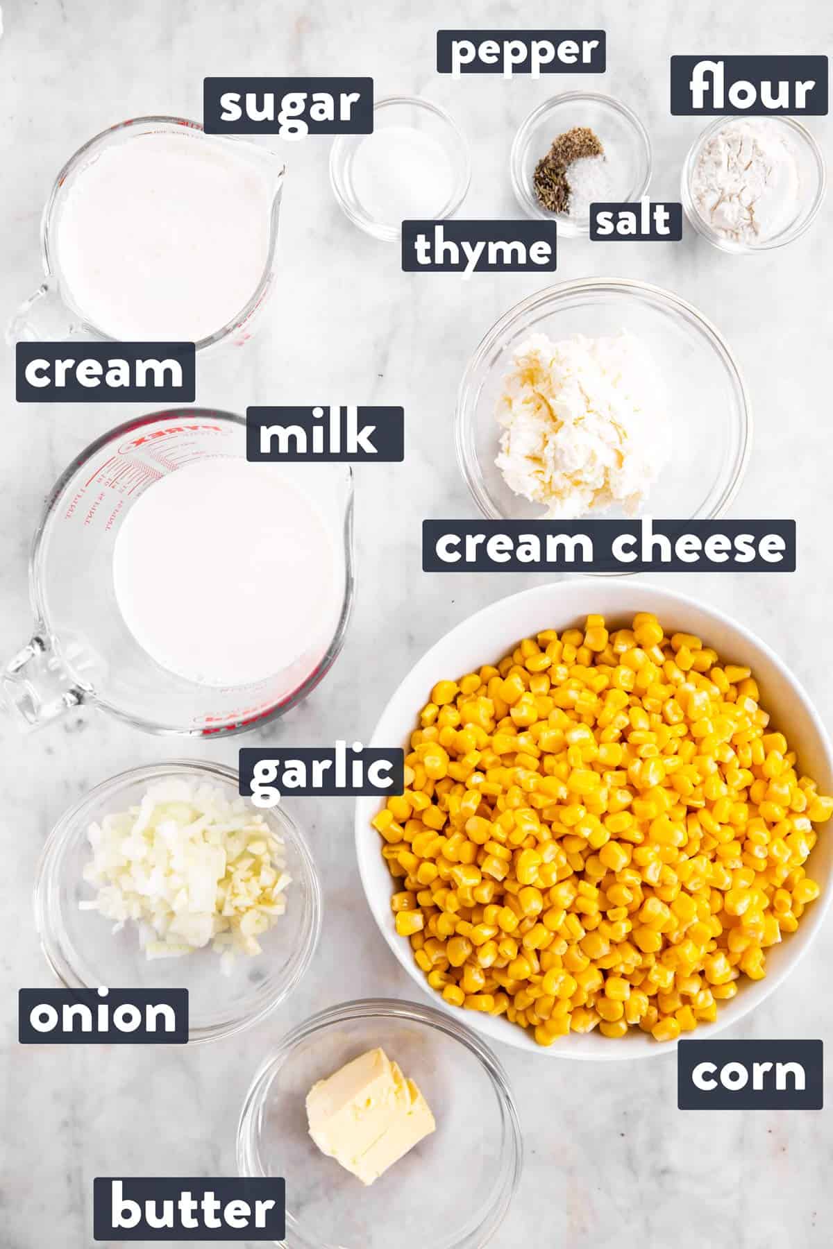 ingredients for creamed corn with text labels