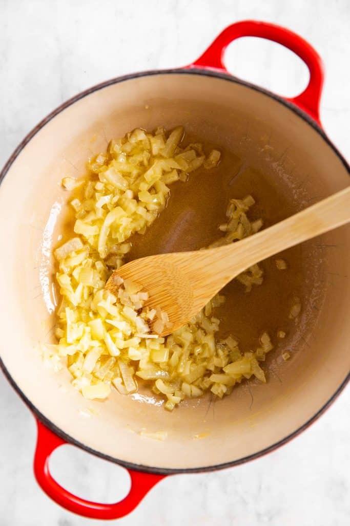 sautéed onion and garlic in Dutch oven