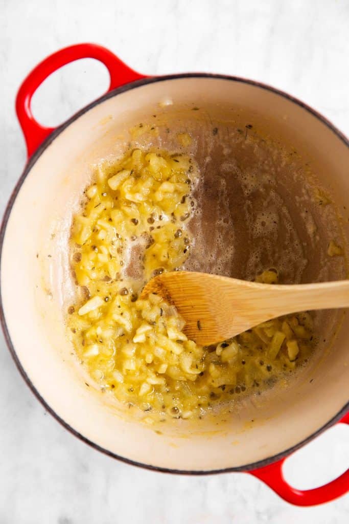 sautéed aromatics and roux in Dutch oven