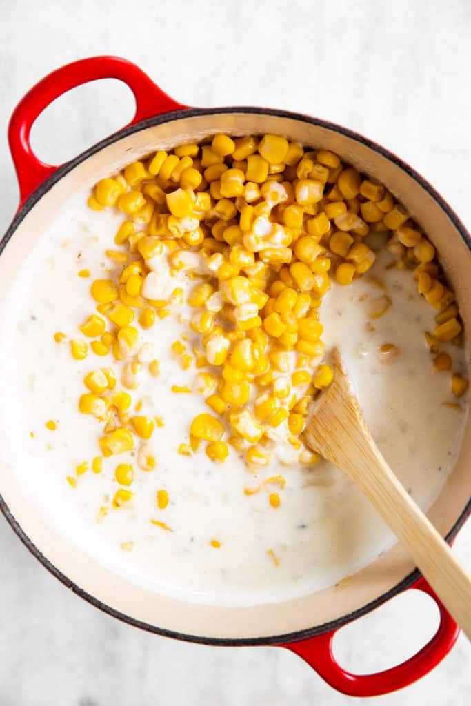 corn in Dutch oven with Béchamel sauce