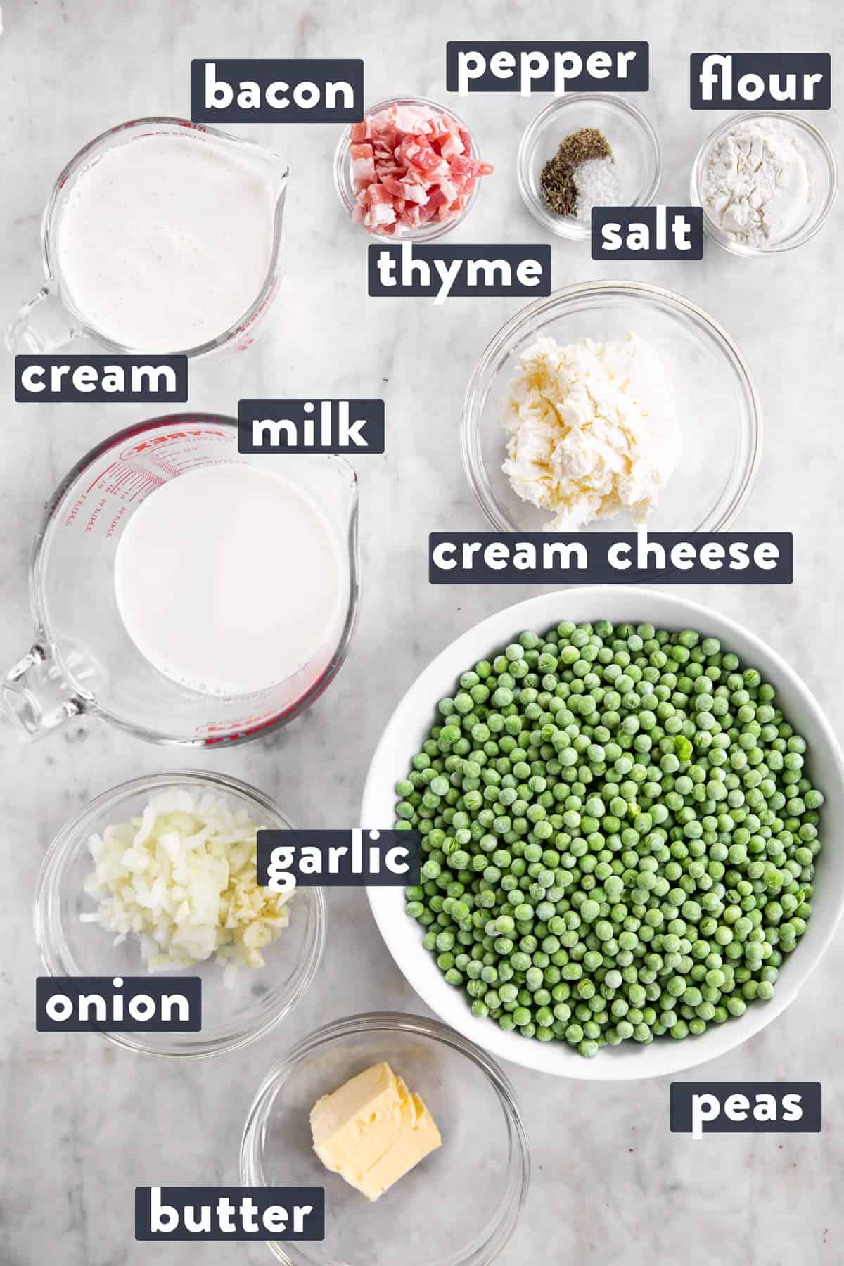 ingredients for creamed peas with text labels