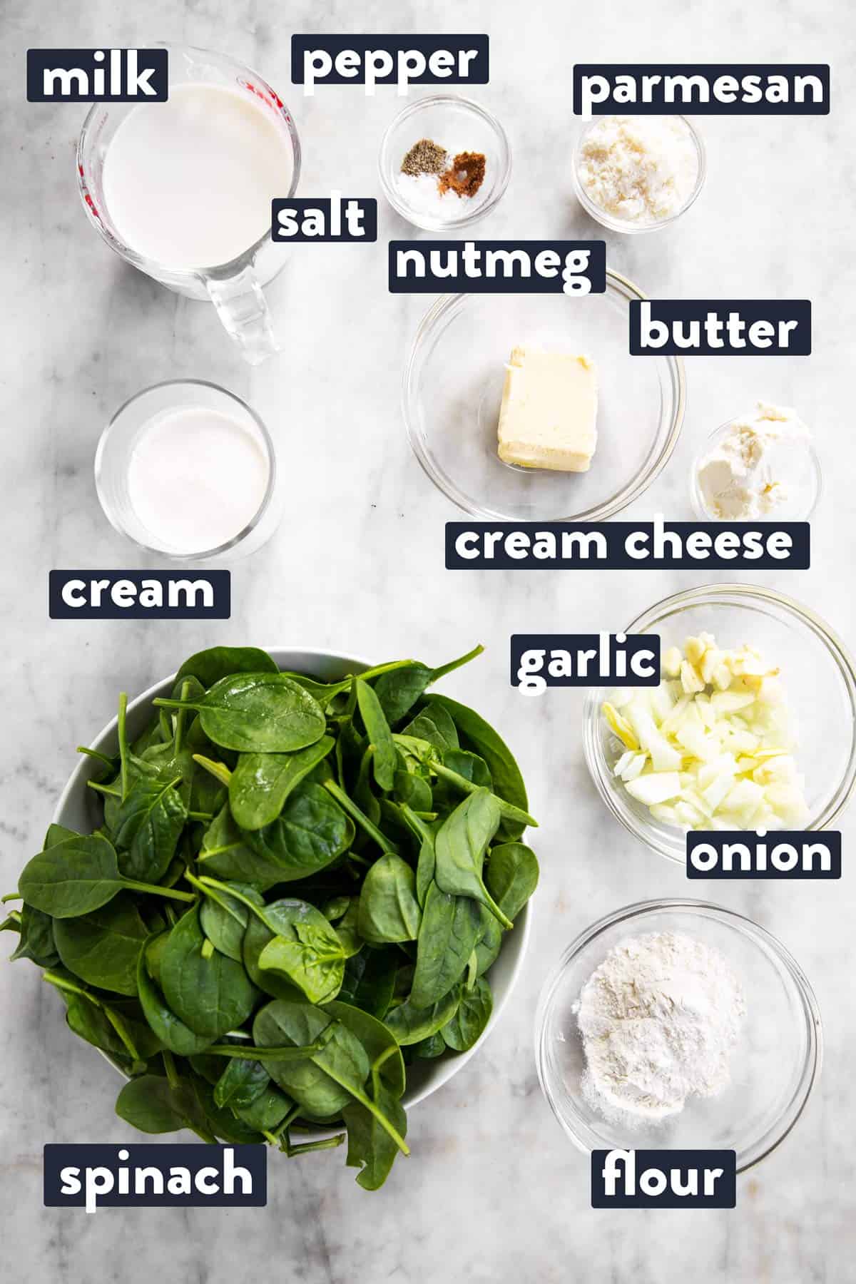 ingredients for creamed spinach with text labels