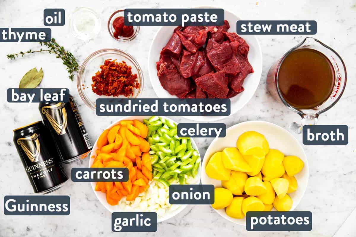 ingredients for Guinness beef stew with text labels