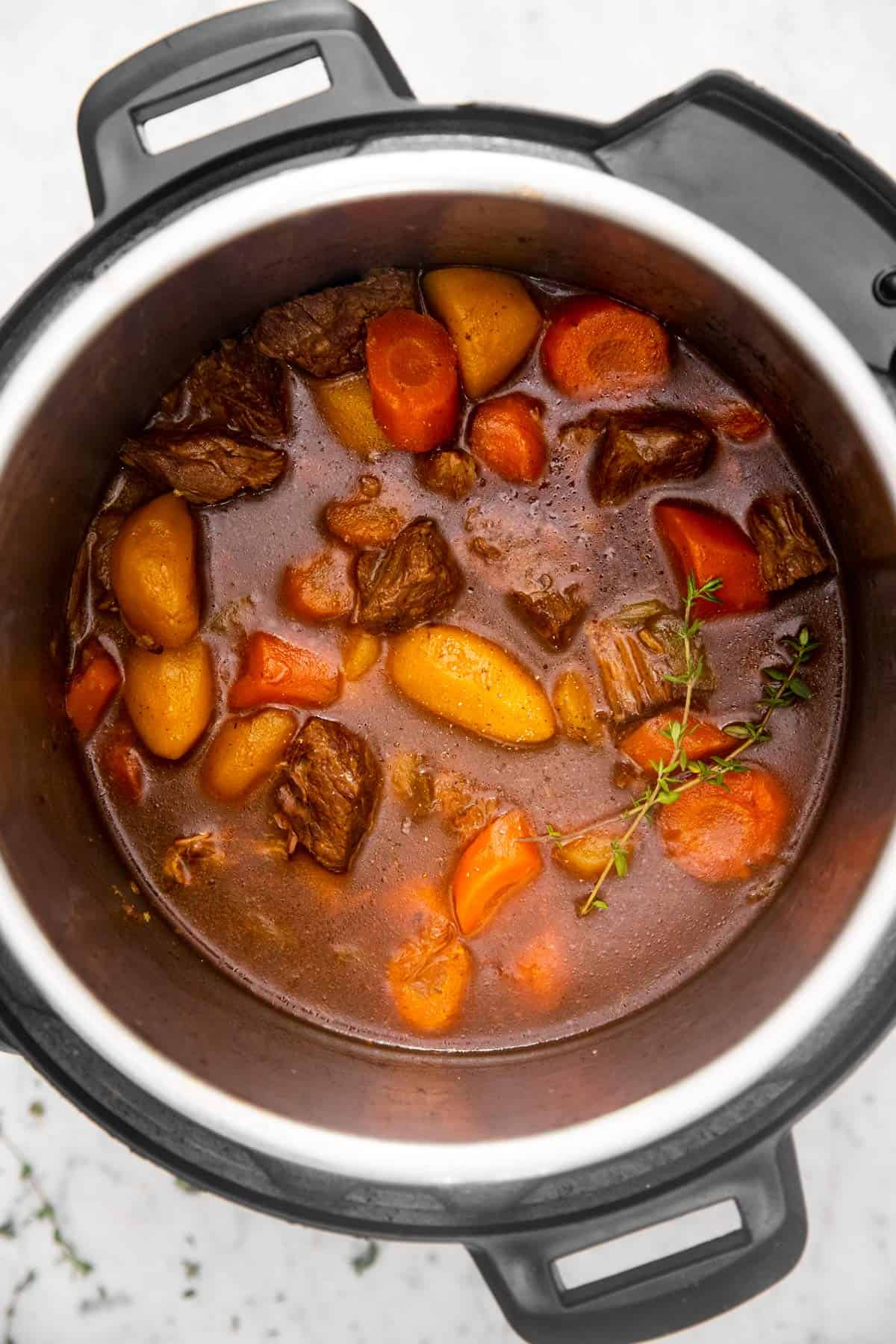 overhead view of beef stew in instant pot
