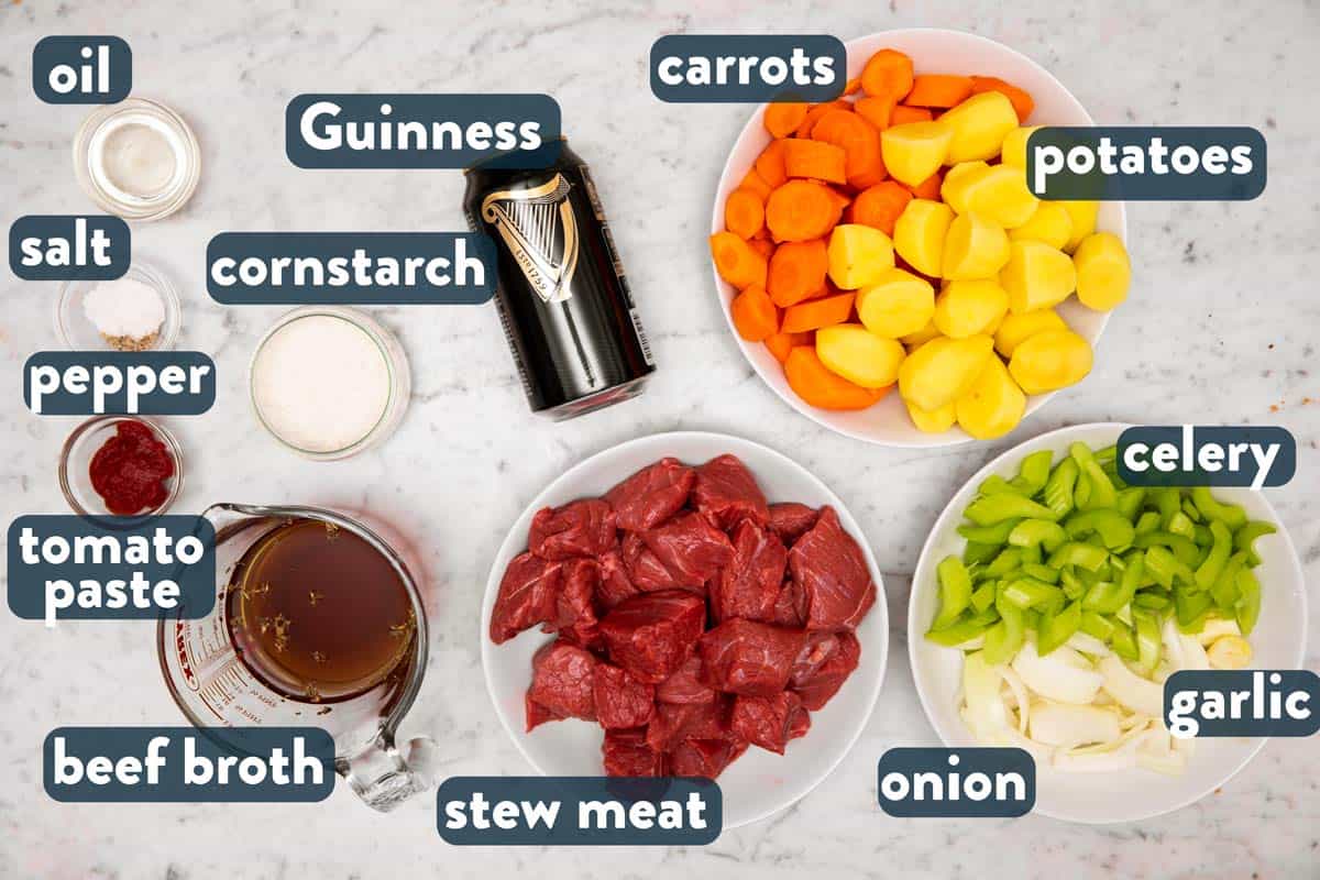 ingredients for instant pot Irish stew with text labels