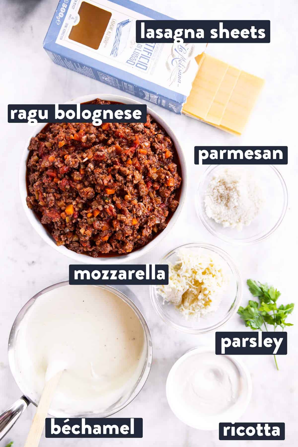 ingredients for lasagna with text labels