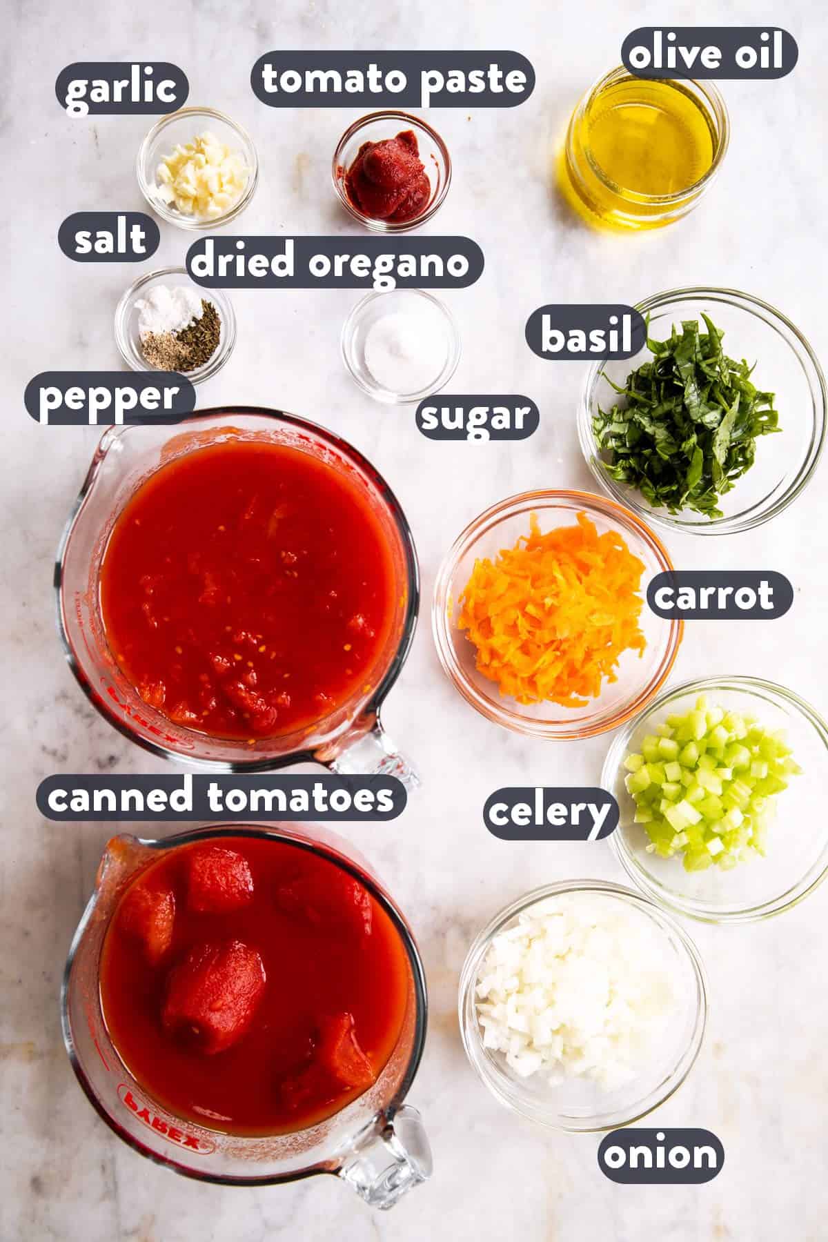 ingredients for homemade marinara sauce with text labels