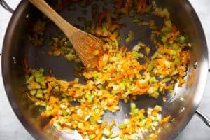 sautéed garlic, onion, carrot and celery in skillet