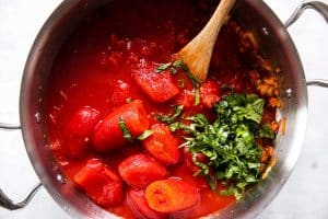 ingredients for marinara sauce in skillet