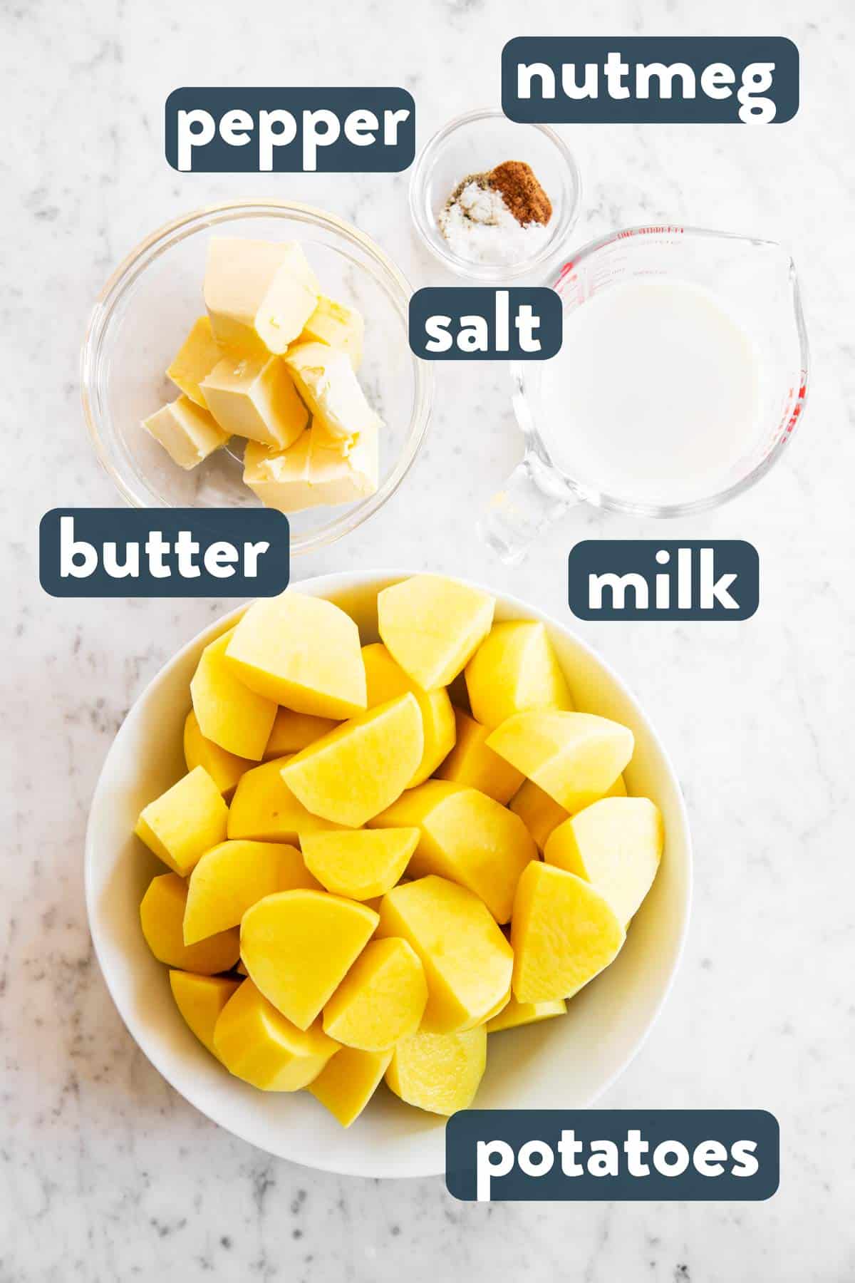 ingredients for mashed potatoes with text labels