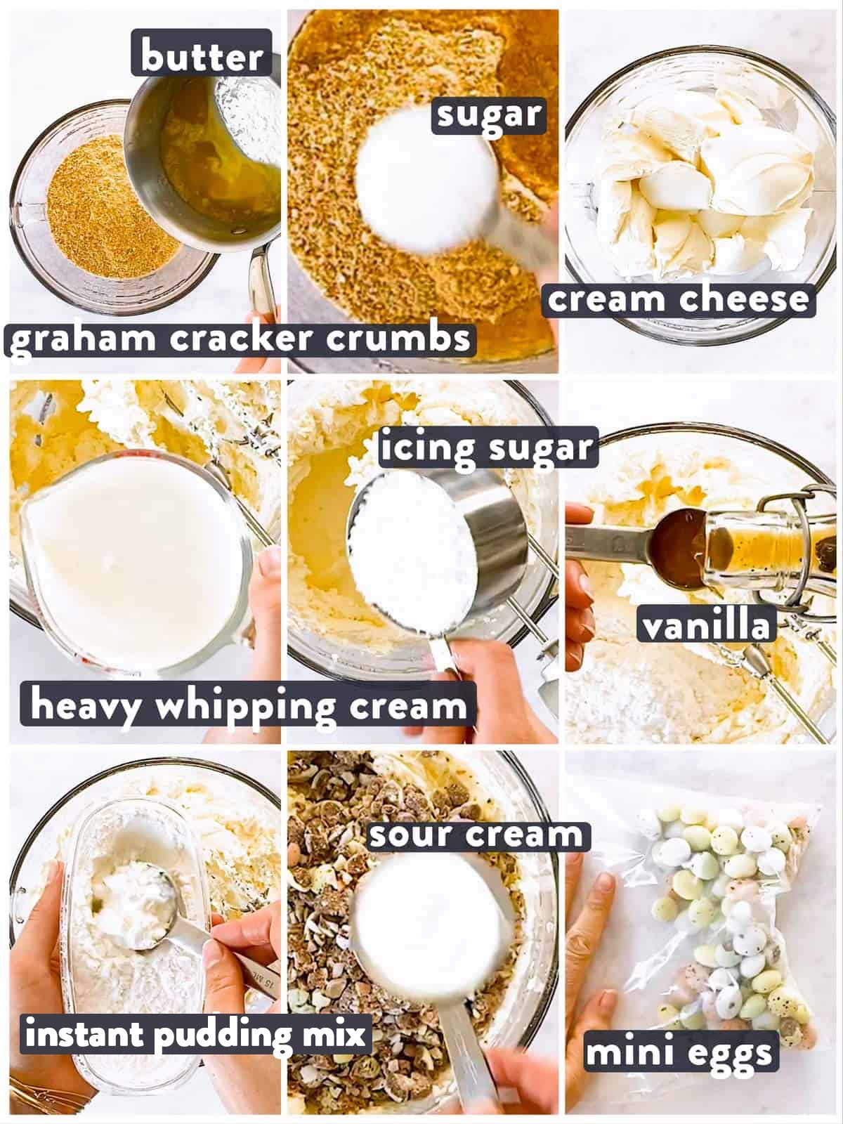 ingredients for mini egg cheesecake with text labels