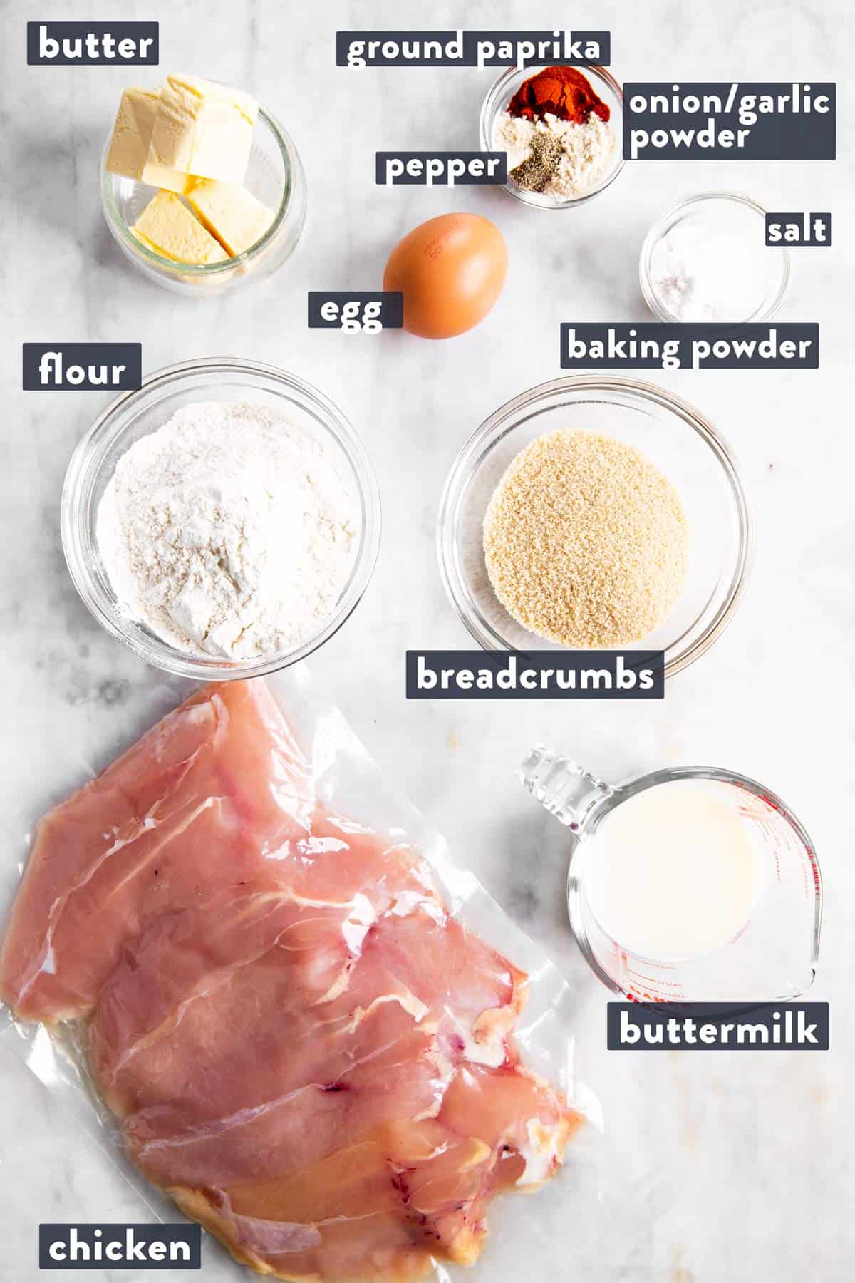 ingredients for oven fried chicken with text labels