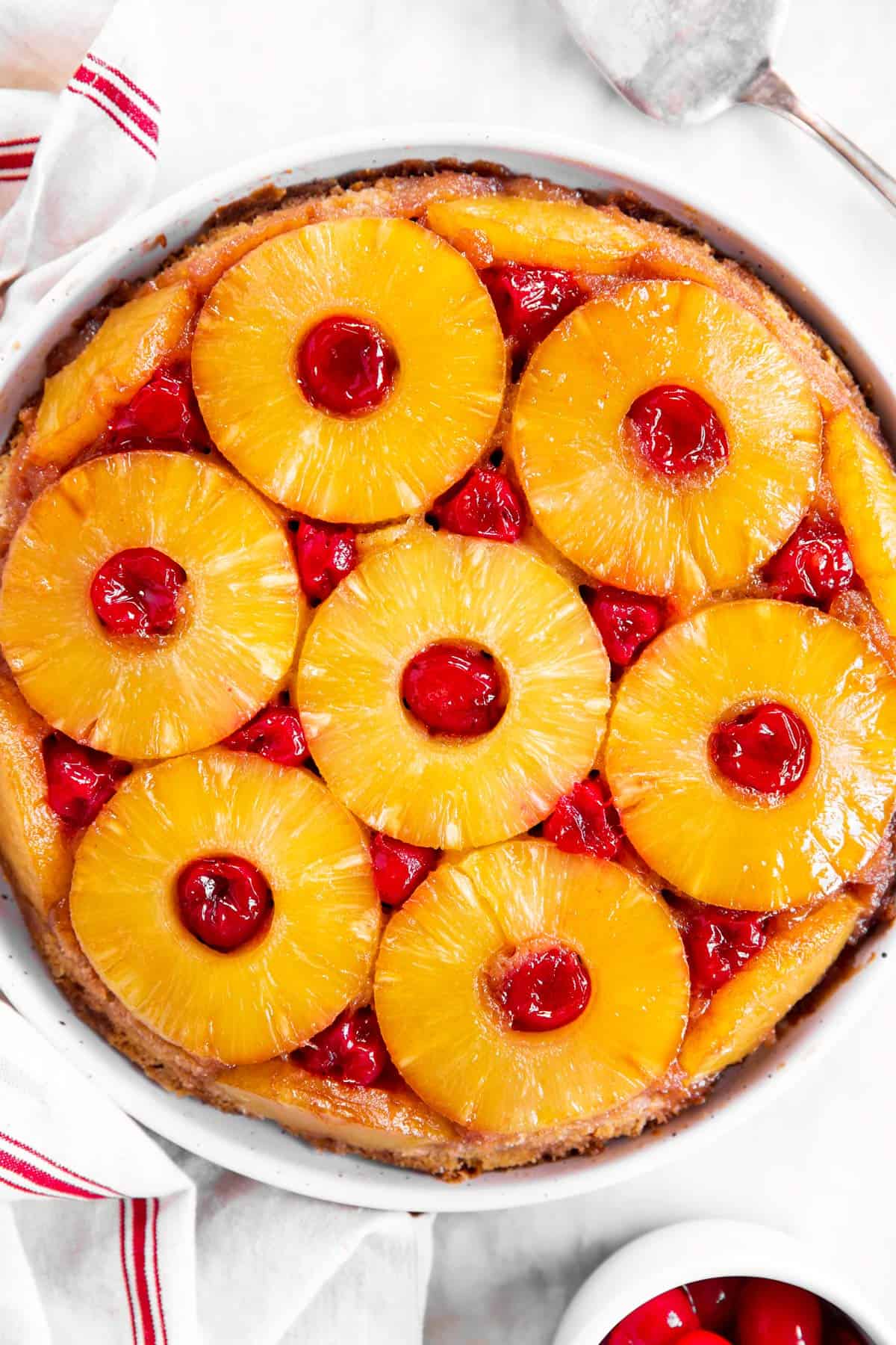 overhead close up view of pineapple upside down cake