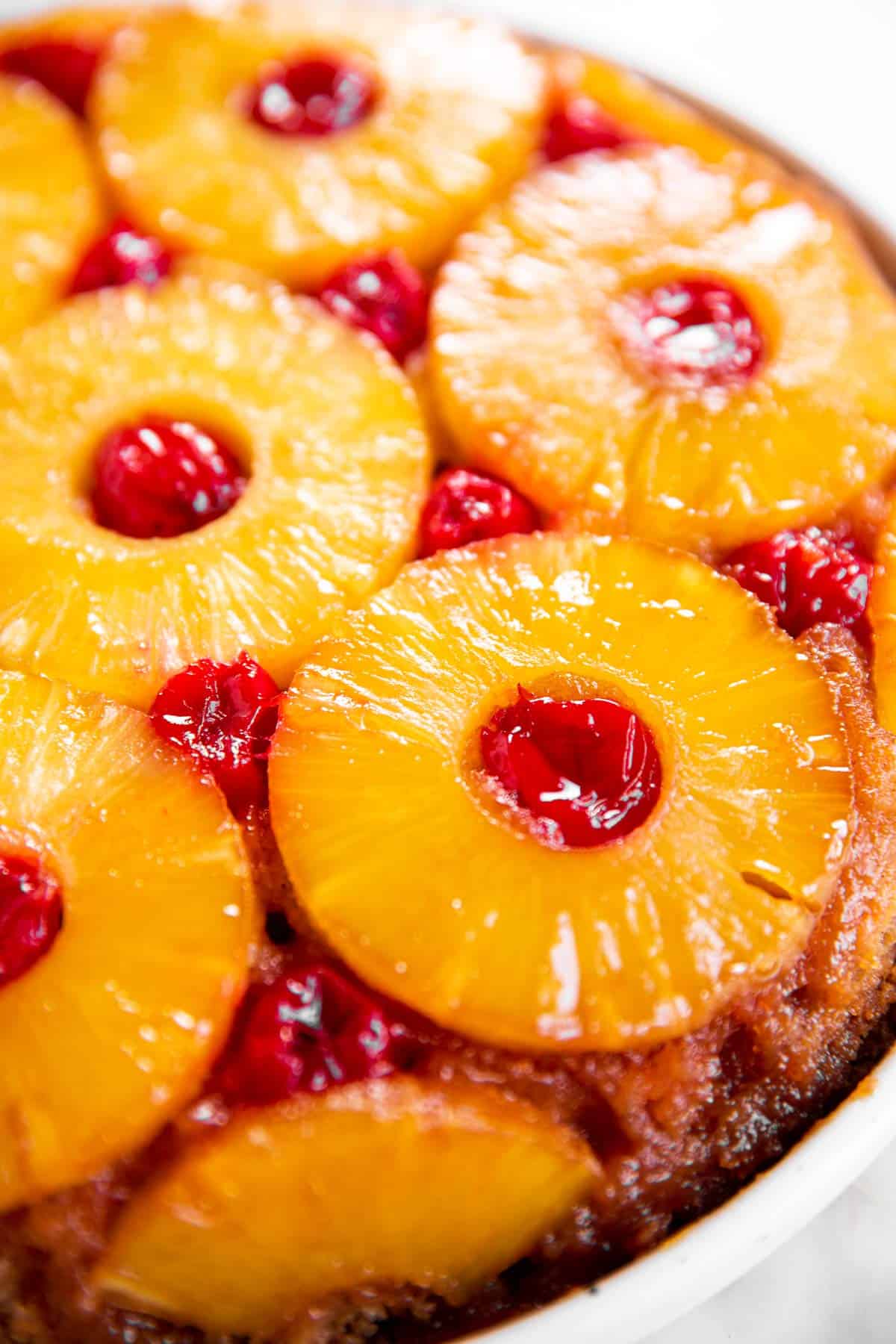 close up photo of pineapple upside down cake