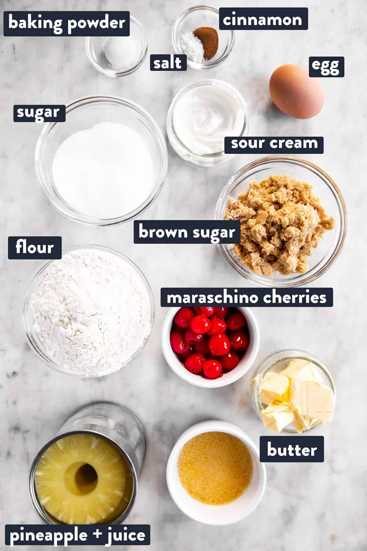 ingredients for pineapple upside down cake with text labels