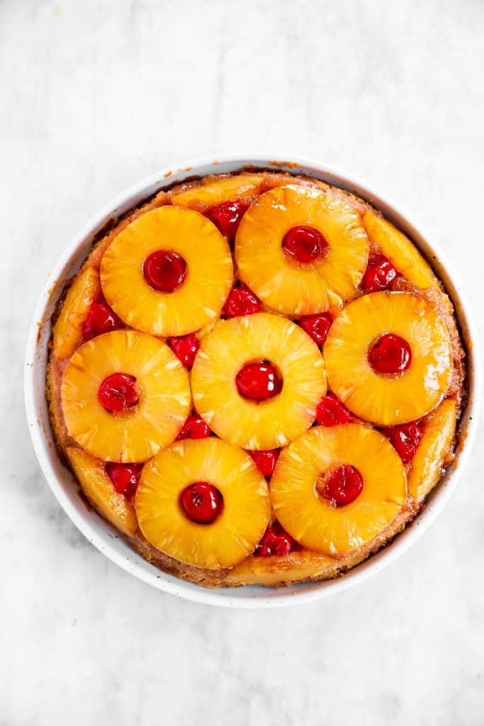 finished pineapple upside down cake on marble surface